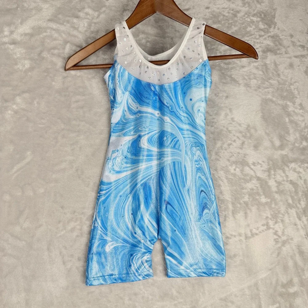 Kids Girls‎ Blue Swirl Sparkle Mesh Gymnastics Leotard Dance Unitard Size 130